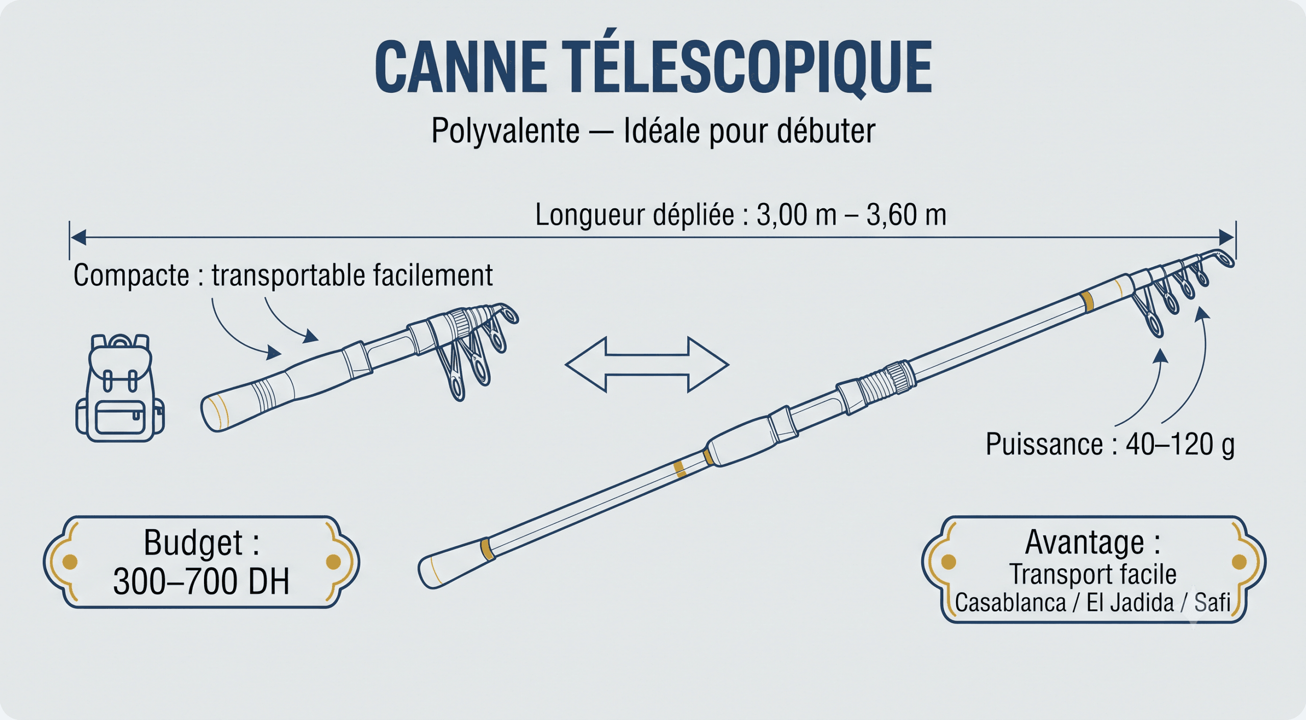 Canne télescopique technique — dimensions et caractéristiques