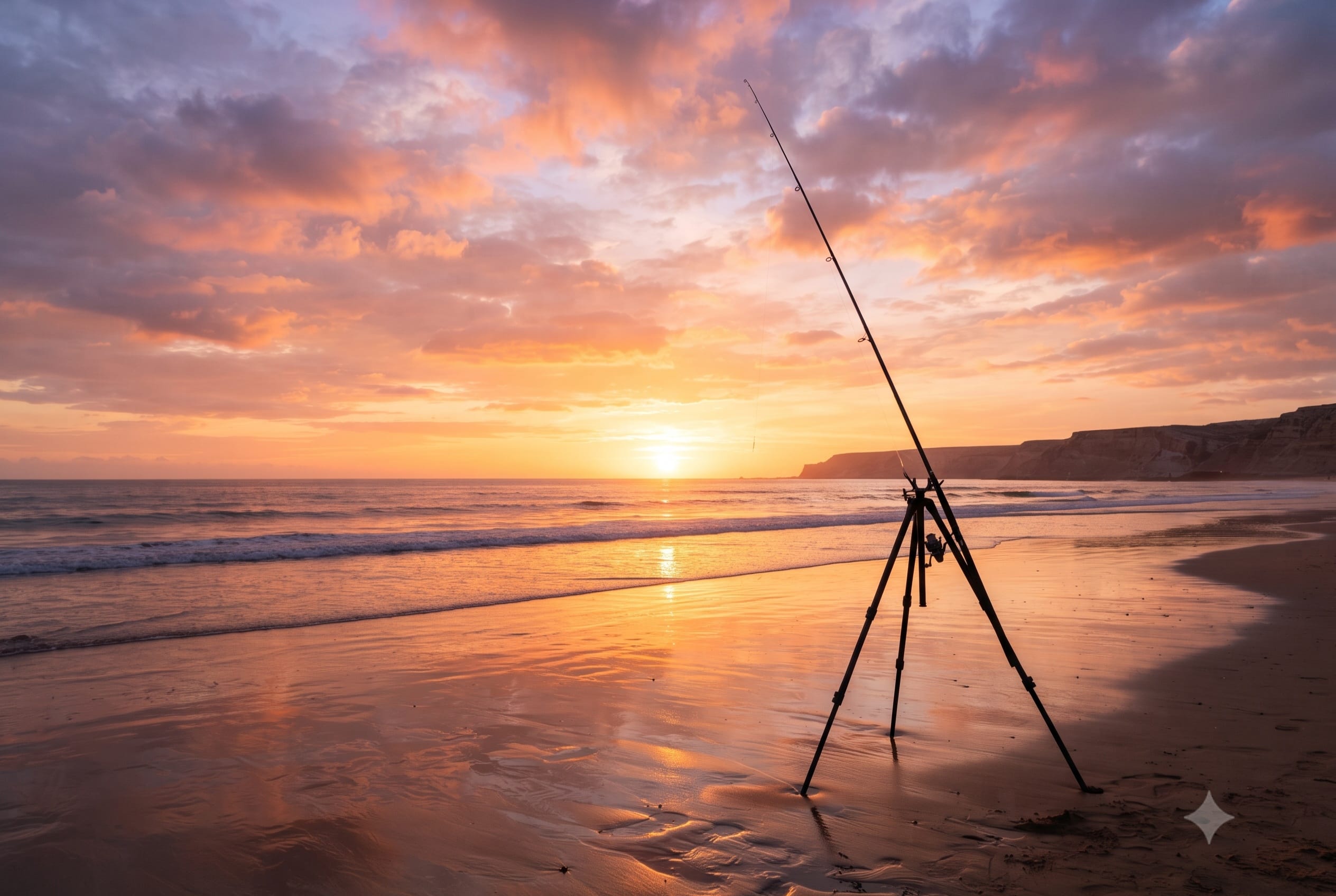 Pêche de jour au surfcasting — canne sur trépied lever de soleil